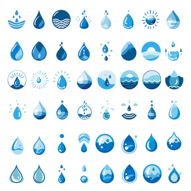Vektor eine sammlung von blau-weißen ikonen mit wassertropfen