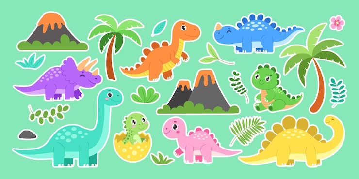 Vektor eine sammlung von dinosaurier-aufkleber mit grünem hintergrund