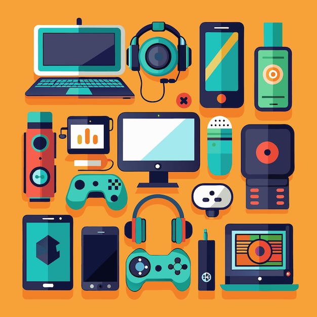 eine Sammlung von elektronischen Geräten, darunter eines, auf dem steht: "Videospiel"