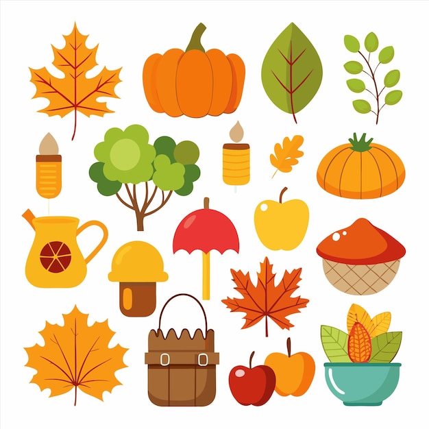eine Sammlung von Herbst-Ikonen, darunter Äpfel, Birnen und andere Dinge