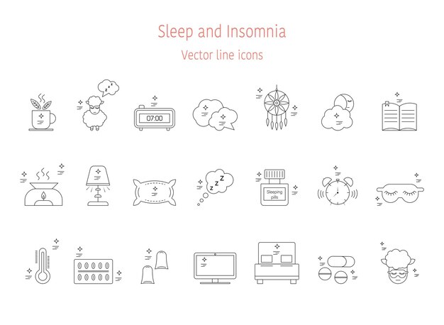 Vektor eine sammlung von ikonen zum thema schlaf und schlaflosigkeit umriss und silhouette