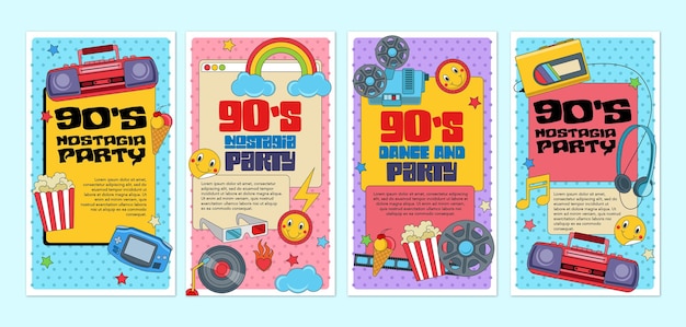 Eine Sammlung von Instagram-Story-Vorlagen mit Musikthemen der 90er Jahre mit attraktiven Farben