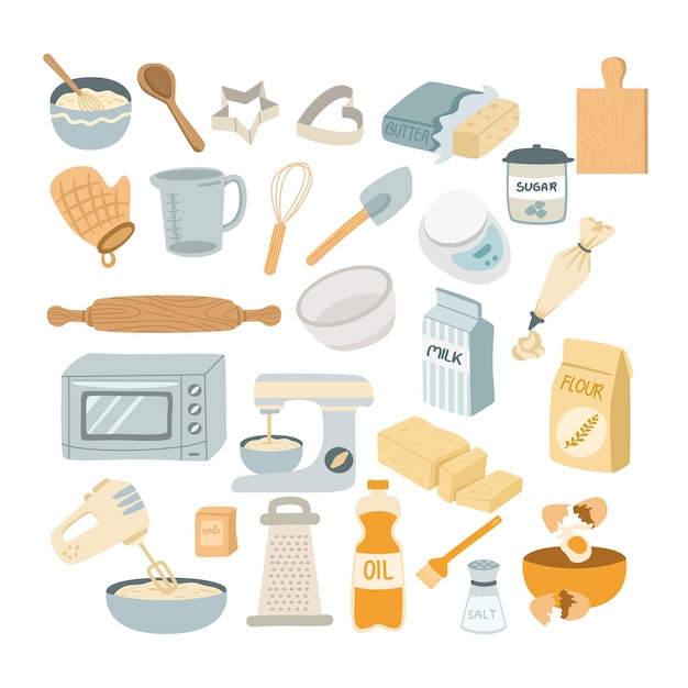 Eine Sammlung von Küchenartikeln und Kitchenwerkzeugen zum Backen