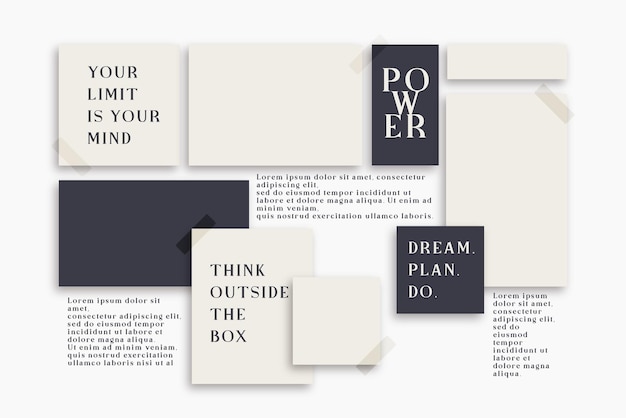 Eine Sammlung von Papieren mit den Worten Power und Dream, Plan, Do.