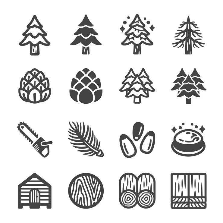 Vektor eine sammlung von schwarz-weißen ikonen mit einem baum und einem ornament, einem stachelbaum und einem produkt-ikonen setvecto