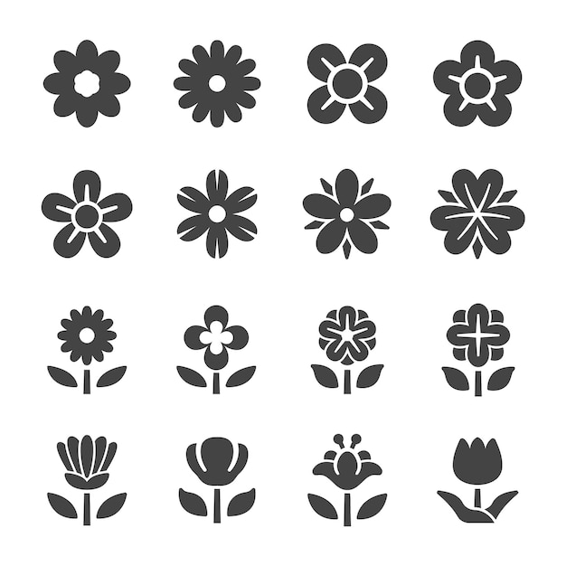 Vektor eine sammlung von schwarzen blumen-ikonen, setvektor und illustrierten weißen blumen mit weißem hintergrund