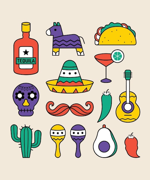 Eine Sammlung von Symbolen für eine mexikanische Party.