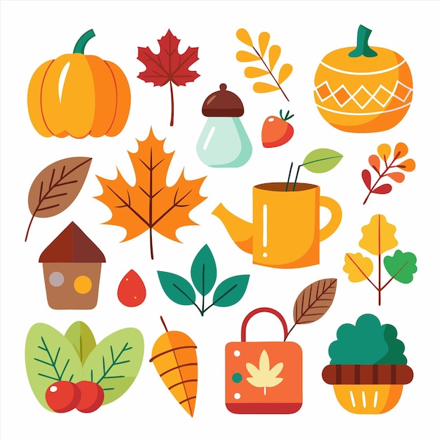 eine Sammlung von Thanksgiving-Ikonen, darunter Kürbisse, Äpfel und andere Dinge