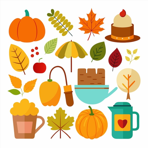 eine Sammlung von Thanksgiving-Ikonen, darunter Kürbisse, Äpfel und andere Dinge