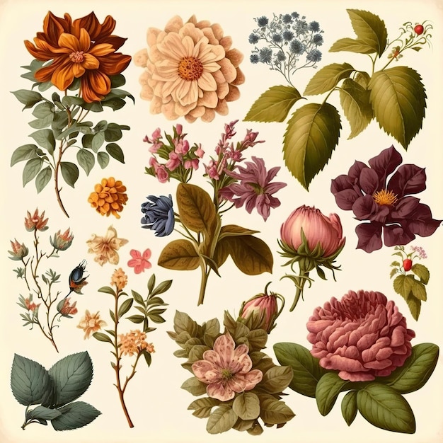 Eine Sammlung von Vintage-Blumen auf einem Vintage-Papier.