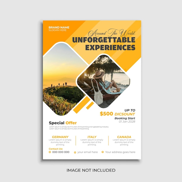 Eine saubere geometrische Reiseflyer-Design-Vorlage für Urlaubstourismus und Urlaubswerbung