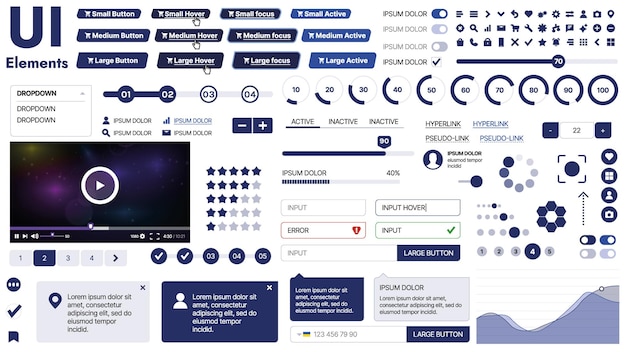 Eine saubere und responsive Vorlage mit UI-Elementen, Menü-Symbolen und Kontrollkästchen, ideal für eine Geschäfts- oder Social-Media-Seite Horizontales Layout mit einfachen Formen