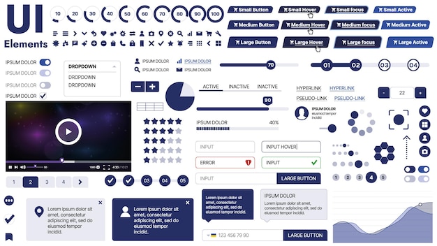 Eine saubere und responsive Vorlage mit UI-Elementen, Menü-Symbolen und Kontrollkästchen, ideal für eine Geschäfts- oder Social-Media-Seite Horizontales Layout mit einfachen Formen