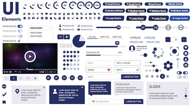 Eine saubere und responsive Vorlage mit UI-Elementen, Menü-Symbolen und Kontrollkästchen, ideal für eine Geschäfts- oder Social-Media-Seite Horizontales Layout mit einfachen Formen