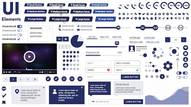 Eine saubere und responsive Vorlage mit UI-Elementen, Menü-Symbolen und Kontrollkästchen, ideal für eine Geschäfts- oder Social-Media-Seite Horizontales Layout mit einfachen Formen