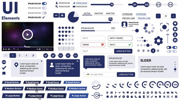 Eine saubere und responsive Vorlage mit UI-Elementen, Menü-Symbolen und Kontrollkästchen, ideal für eine Geschäfts- oder Social-Media-Seite Horizontales Layout mit einfachen Formen