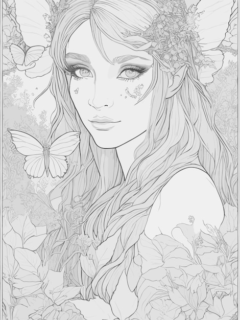 Eine schöne Frau mit Blumen und Schmetterlingen im Haar.