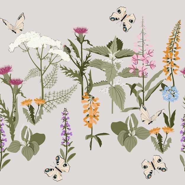 Eine schöne illustration mit wildblumen auf grauem hintergrund für die dekoration von textilien, verpackungen und webdesign.