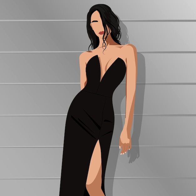 Eine schöne junge Frau in einem eleganten schwarzen Kleid mit nackten Schultern und einem Schnitt am Bein