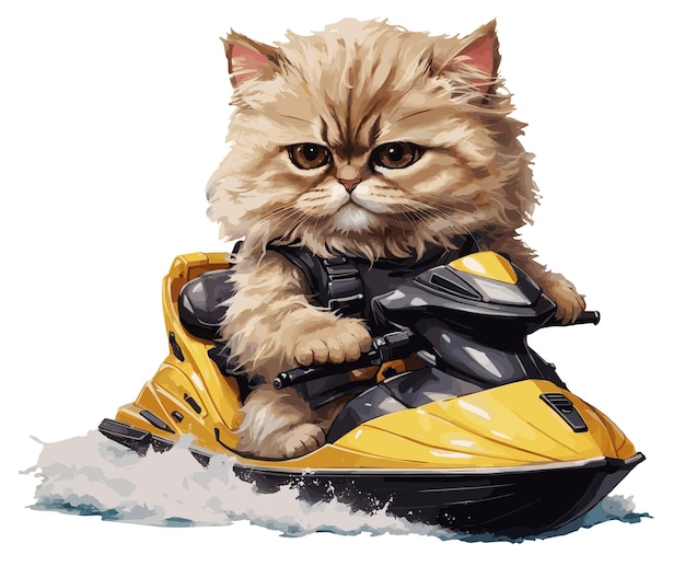 Vektor eine schöne persische katze, die einen wetsuit trägt und einen jet-ski fährt