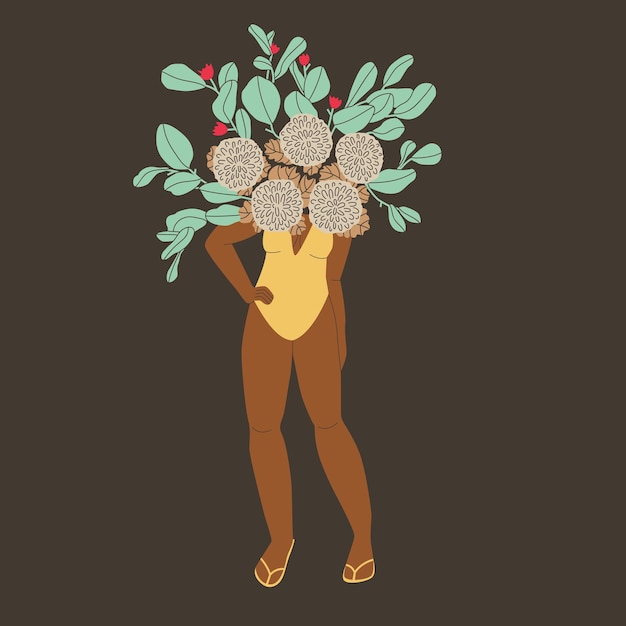 Eine schöne schlanke weibliche figur im badeanzug oder in unterwäsche mit einem riesigen blumenstrauß auf ihren schultern oder auf ihrem kopf. vektorisolierte illustration für design