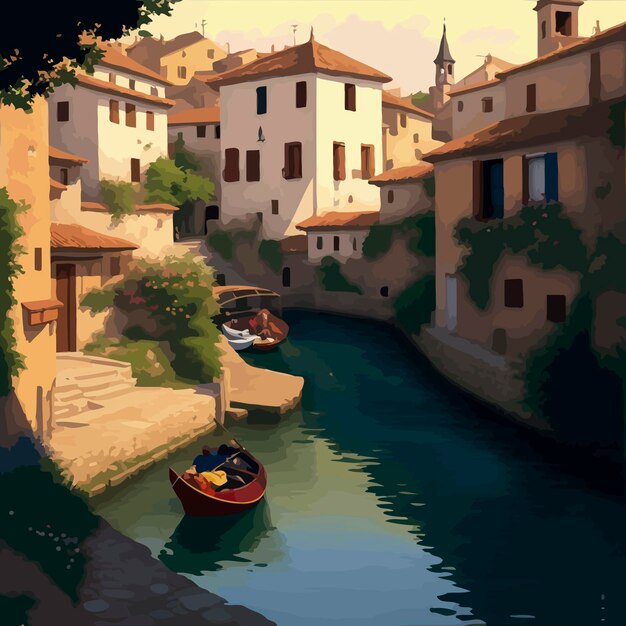 Vektor eine schöne traditionelle spanische dorfkanal- und flussillustration