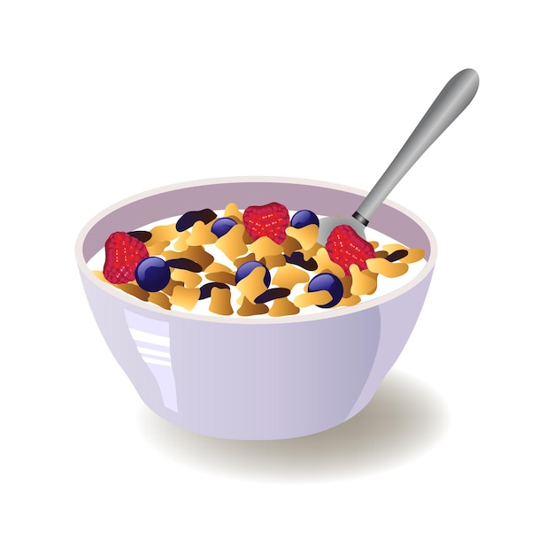 eine Schüssel mit Getreide, Beeren und einem Löffel