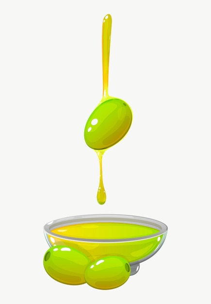 Vektor eine schüssel mit olivenöl und oliven im cartoon-stil, das öl fließt über den olivenvektor