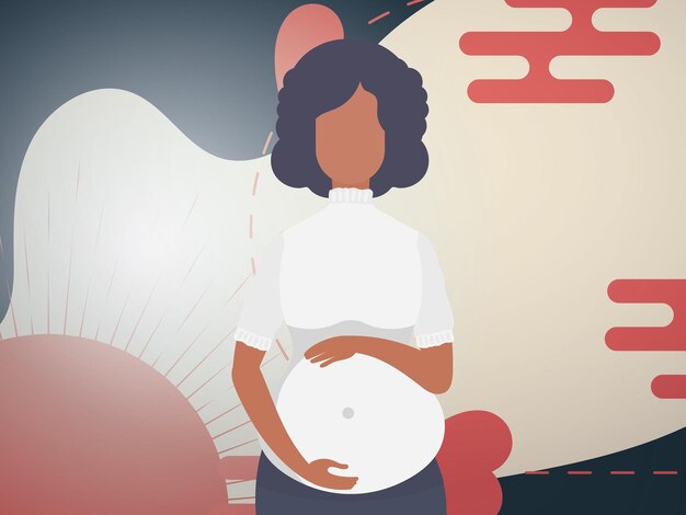 Eine schwangere frau hält ihre hände auf ihrem bauch banner oder postkarte für sie vektorillustration