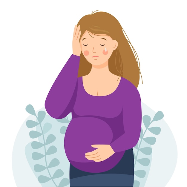 Eine schwangere frau hat kopfschmerzen das schwangere mädchen fühlt sich schlecht vector flat illustration