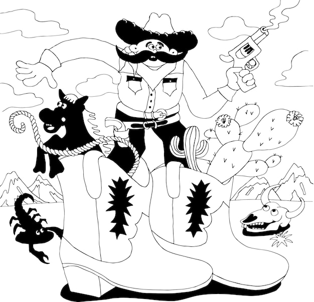Eine Schwarz-Weiß-Zeichnung eines Cowboys mit einer Waffe und einem Gewehr.