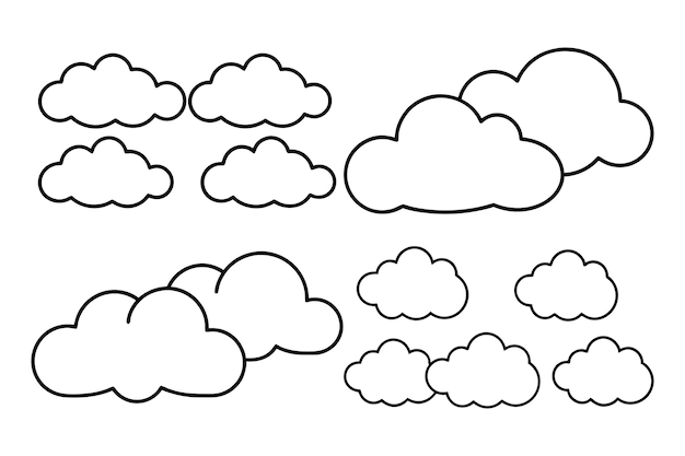 Eine Schwarz-Weiß-Zeichnung von Wolken-Sammlung Line Art Vektor-Illustration auf einem isolierten Hintergrund