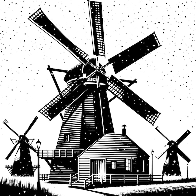 Vektor eine schwarz-weiße zeichnung einer windmühle mit den worten mühle und windmühlen
