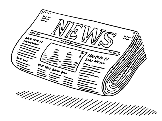 eine schwarz-weiße Zeichnung einer Zeitung mit den darauf geschriebenen Nachrichten