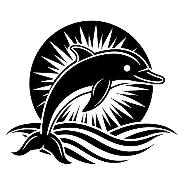 eine schwarz-weiße Zeichnung eines Delphins mit der Sonne dahinter
