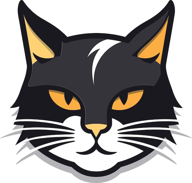 eine schwarze Katze mit gelben Augen und einem weißen Streifen auf dem Gesicht