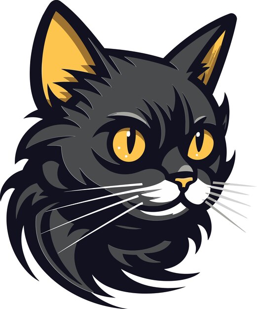 eine schwarze Katze mit gelben Augen und weißen Schnurrbart