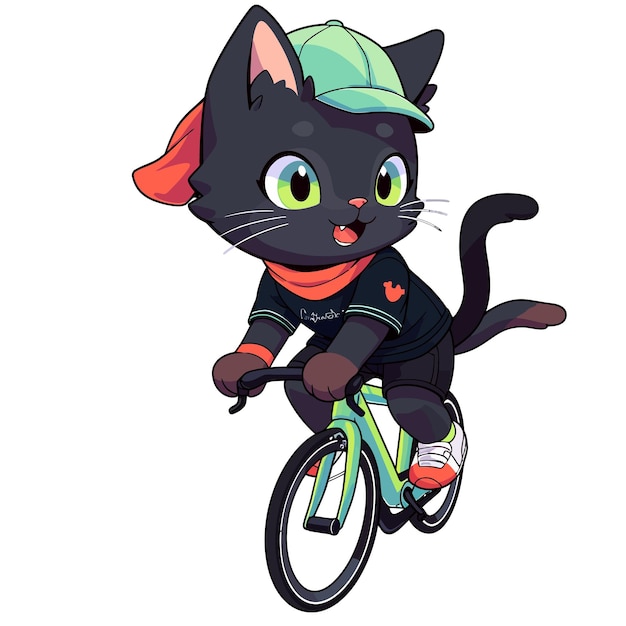 Eine schwarze katze mit grünem hut fährt fahrrad.