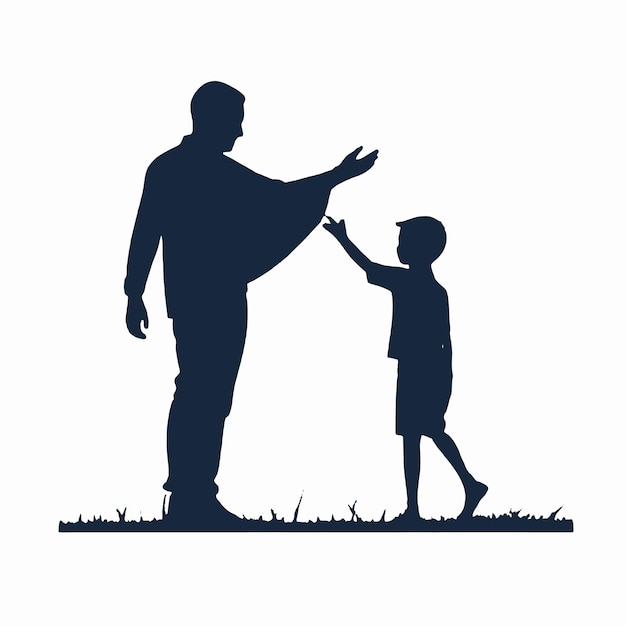 Eine Silhouette eines erwachsenen Mannes und eines kleinen Kindes, möglicherweise eines Vaters und eines Sohnes, die zusammen auf einem Feld oder in einem grasbewachsenen Gebiet stehen