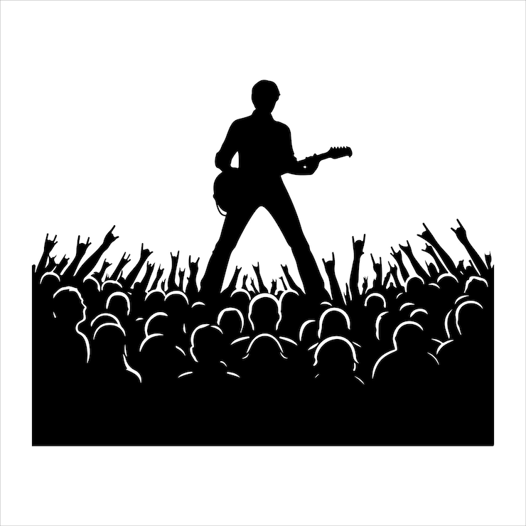 Vektor eine silhouette eines mannes, der gitarre spielt, und eine menschenmenge