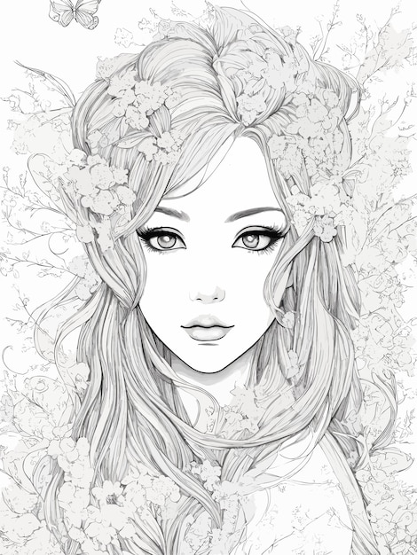Eine Skizze eines Mädchens mit Blumen im Haar.