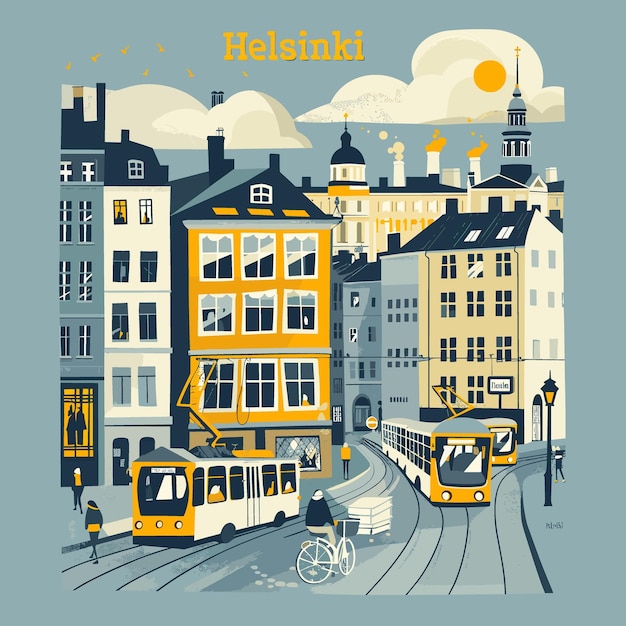 Eine Stadtstraße mit einem gelben Gebäude und einem gelben und weißen Trolley