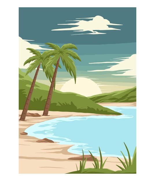 eine Strandszene mit Palmen und einem Strand im Hintergrund