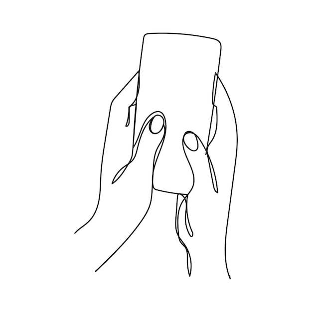 Eine strichzeichnung hand hält smartphone handy-kommunikationsgerät telefonanzeige