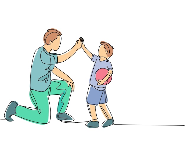 Vektor eine strichzeichnung zeigt, dass der vater seinen körper verneigt, um seinem jungen eine high-five-geste zu geben und ihm ein high-five zu geben