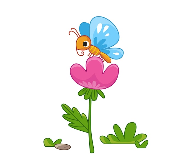 Vektor eine süße cartoon-blaumotte sitzt auf einer rosa blume zeichnung eines insektenschmetterlings im kindlichen stil