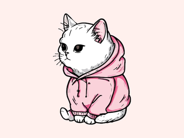 Eine süße weiße Katze in einem rosa Pullover. Lustige Katze in Kleidung, Vektorillustration