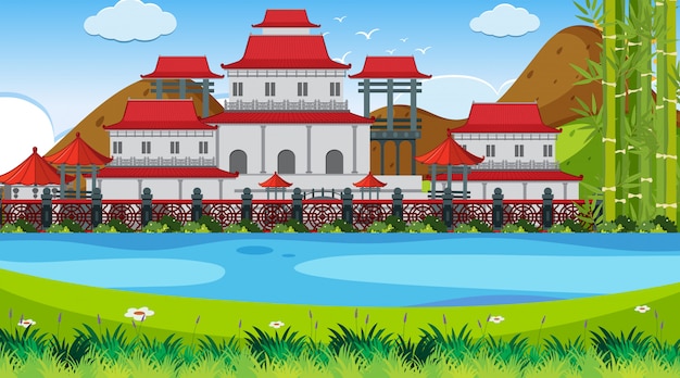 Eine szene im freien mit asiatischem schloss