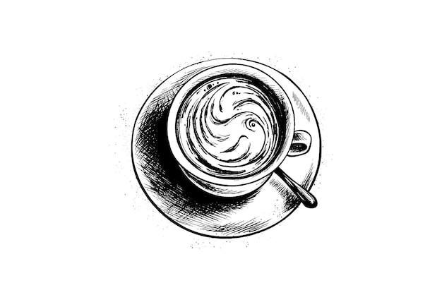 Eine tasse cappuccino auf einer untertasse mit einem löffel handgezeichneten vektorgravierungsstil illustrationen