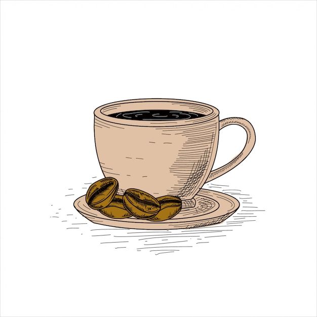 Eine tasse kaffee mit kaffeebohnen, handgezeichnete weinleseillustration.